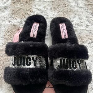 Juicy Couture Black Fur Slippers with Bedazzled Logo